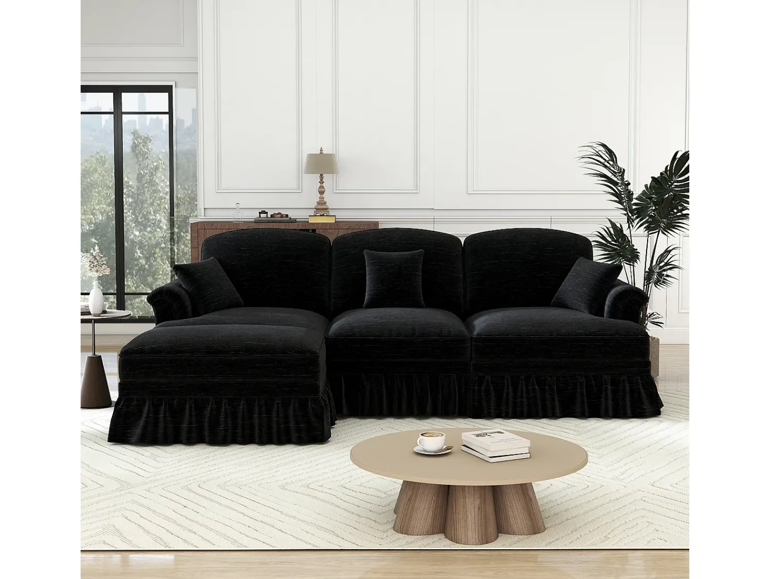 Sofá*DripeX Sofá Cantinho Modular 3 Lugares Chenille - Capa Removível e Puf Móvel - 272x140x93cm - Preto