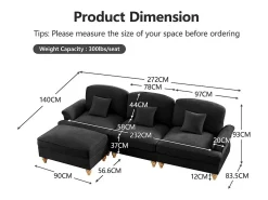 Sofá*DripeX Sofá Cantinho Modular 3 Lugares Chenille - Capa Removível e Puf Móvel - 272x140x93cm - Preto