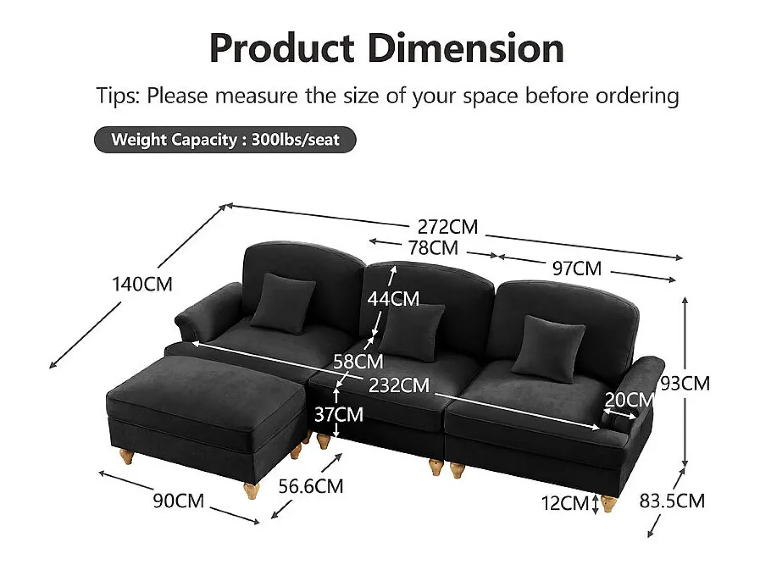 Sofá*DripeX Sofá Cantinho Modular 3 Lugares Chenille - Capa Removível e Puf Móvel - 272x140x93cm - Preto
