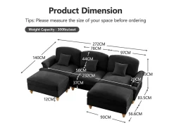 Sofá|DripeX Sofá Cantinho Modular 3 Lugares em U - Chenille - Capa Removível e 2 Pufs - 272x140x93cm - Preto