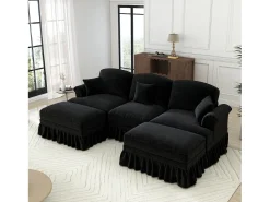 Sofá|DripeX Sofá Cantinho Modular 3 Lugares em U - Chenille - Capa Removível e 2 Pufs - 272x140x93cm - Preto