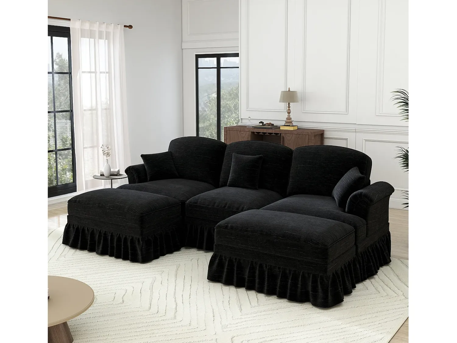Sofá|DripeX Sofá Cantinho Modular 3 Lugares em U - Chenille - Capa Removível e 2 Pufs - 272x140x93cm - Preto