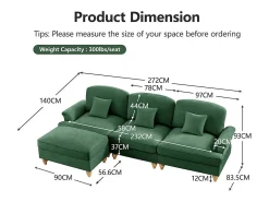 Sofá*DripeX Sofá Cantinho Modular 3 Lugares Chenille - Capa Removível e Puf Móvel - 272x140x93cm - Verde
