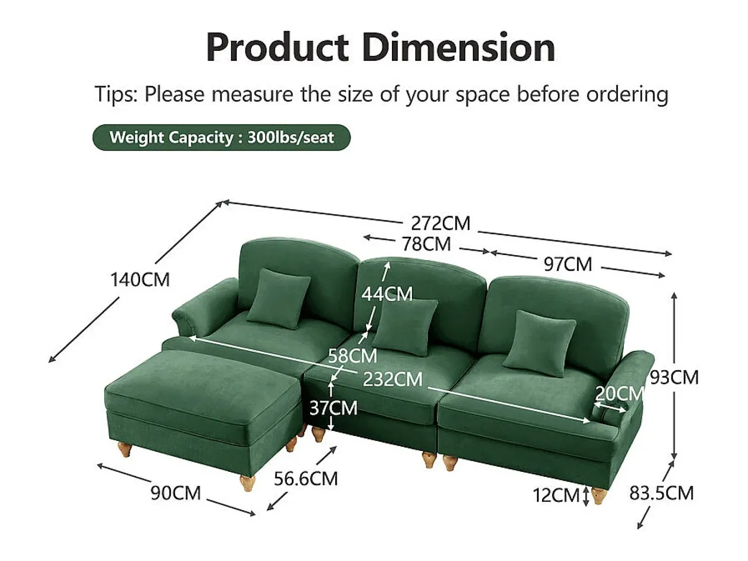 Sofá*DripeX Sofá Cantinho Modular 3 Lugares Chenille - Capa Removível e Puf Móvel - 272x140x93cm - Verde