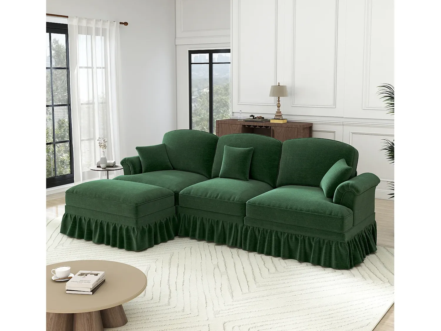 Sofá*DripeX Sofá Cantinho Modular 3 Lugares Chenille - Capa Removível e Puf Móvel - 272x140x93cm - Verde