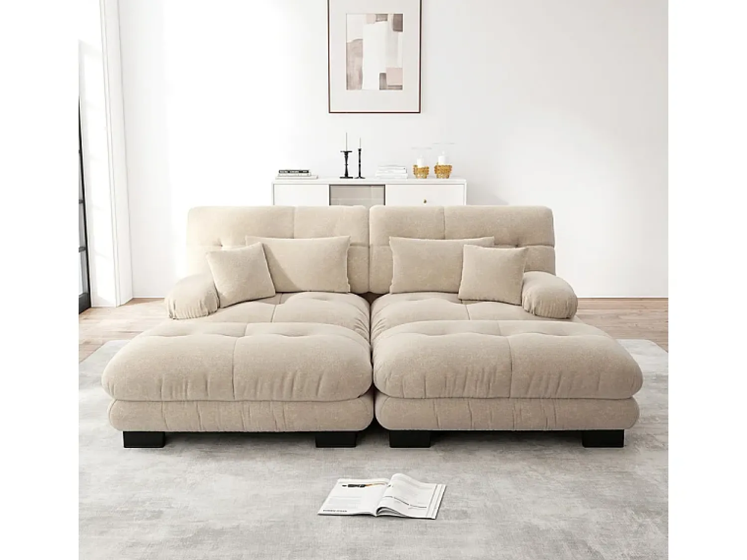 Sofá|DripeX Sofá canto 2 lugares + 2 puff - com 4 almofadas - tecido pelúcia - 220x145x81cm Bege