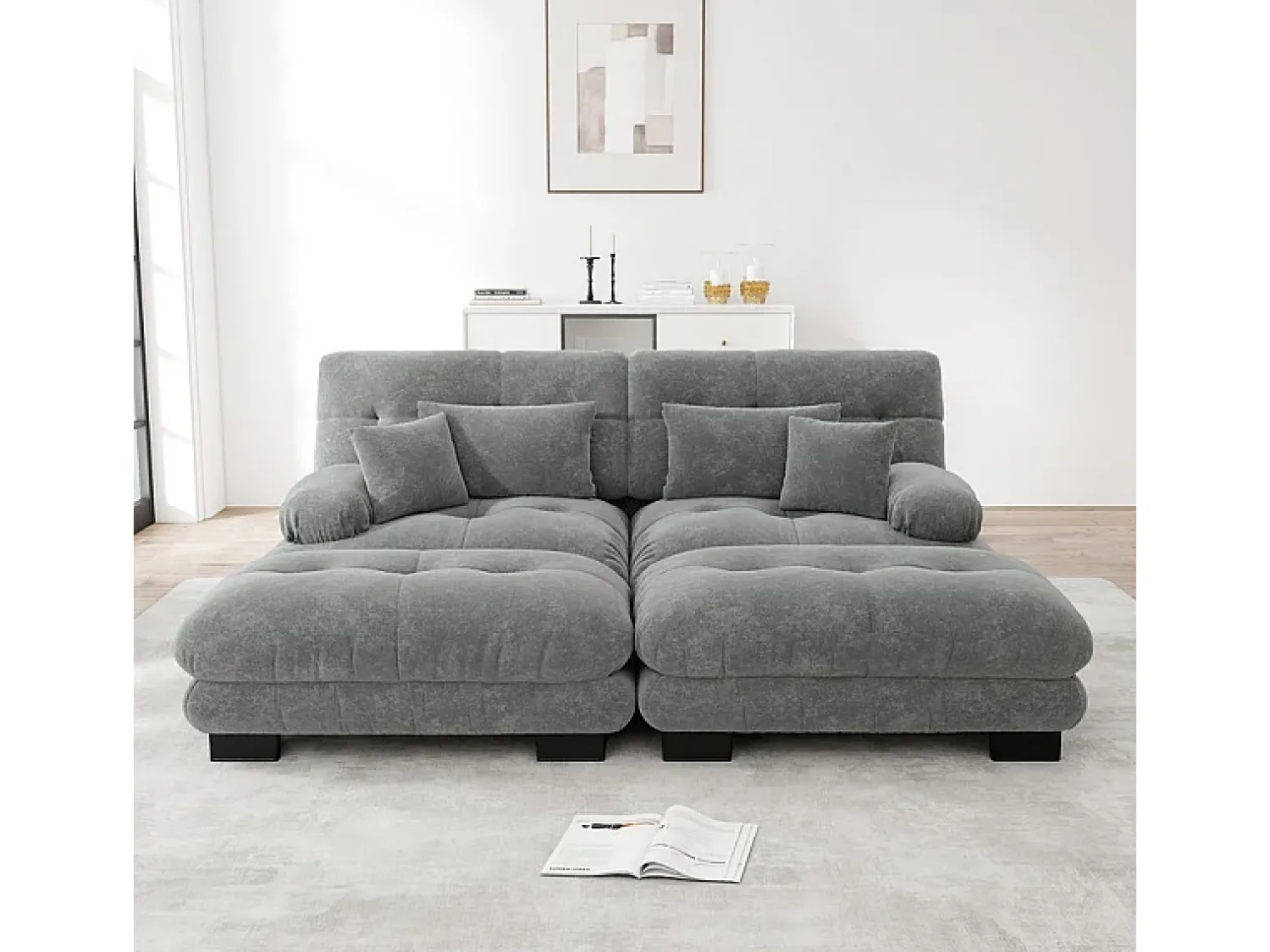 Sofá*DripeX Sofá canto 2 lugares + 2 puff - com 4 almofadas - tecido pelúcia cinza - 220x145x81cm Cinzento