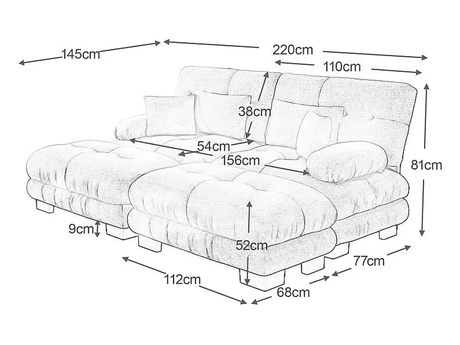 Sofá*DripeX Sofá canto 2 lugares + 2 puff - com 4 almofadas - tecido pelúcia cinza - 220x145x81cm Cinzento