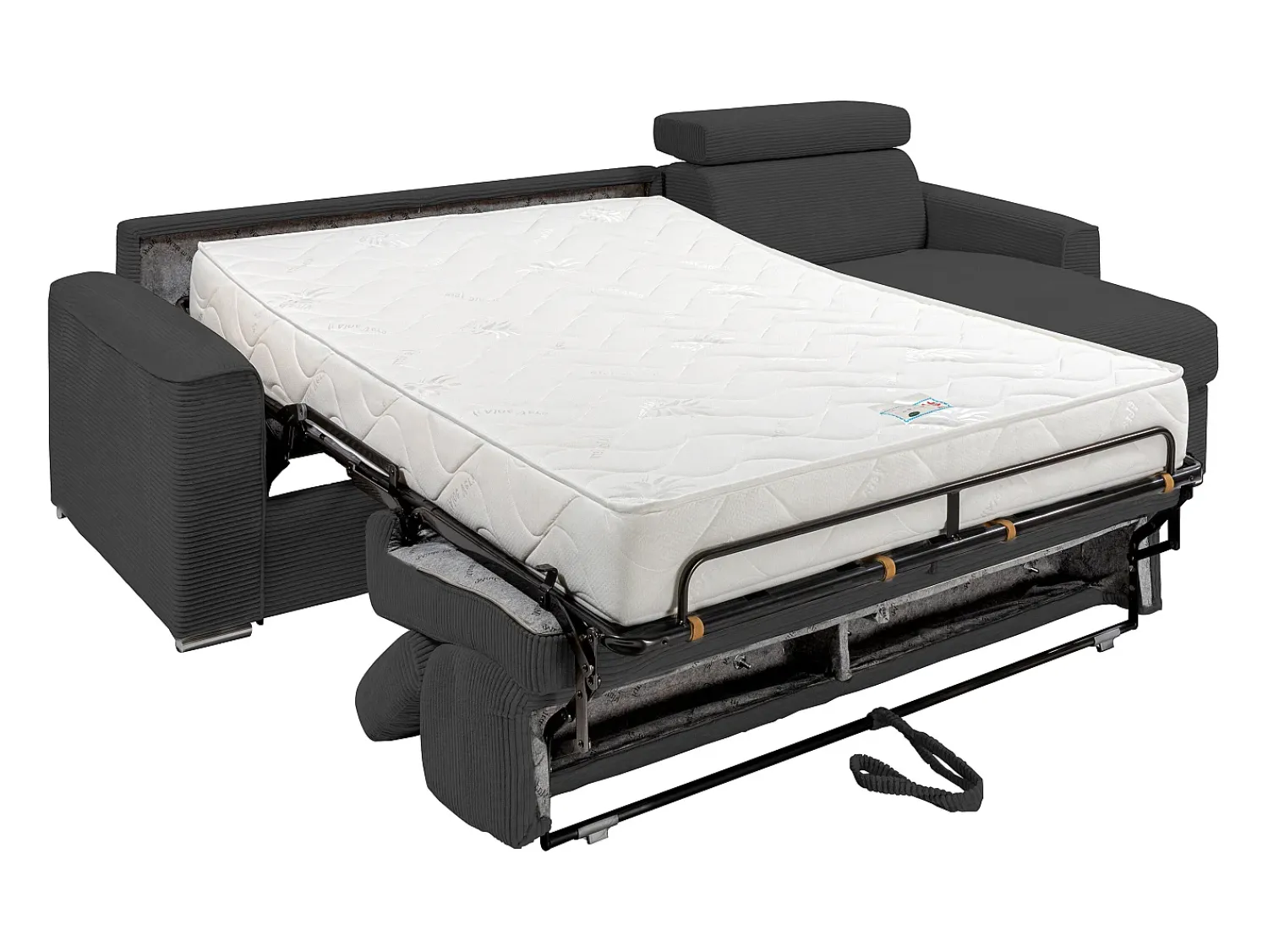 Sofá*Vente-unique Sofá canto convert. abert. rápida veludo canelado antracite, cama ripas largas 160cm VIZIR Cinza antracite