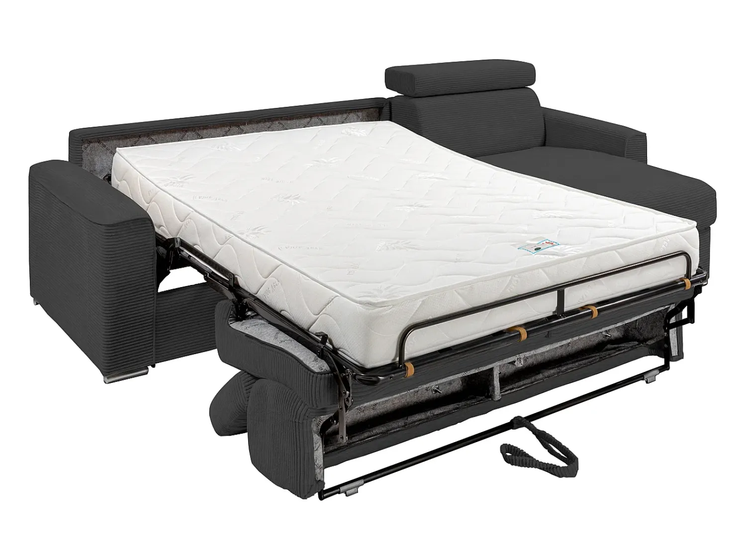 Vente-unique Sofá canto convert. abert. rápida veludo canelado antracite, cama ripas largas 160cm VIZIR^ Sofá