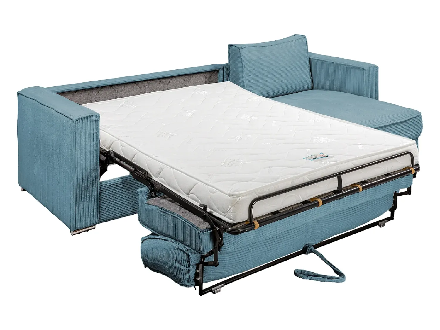 Discount Vente-unique Sofá canto convert. abert. rápida veludo canelado azul-turq. cama 140cm esp. 14 cm LORETO Azul turquesa
