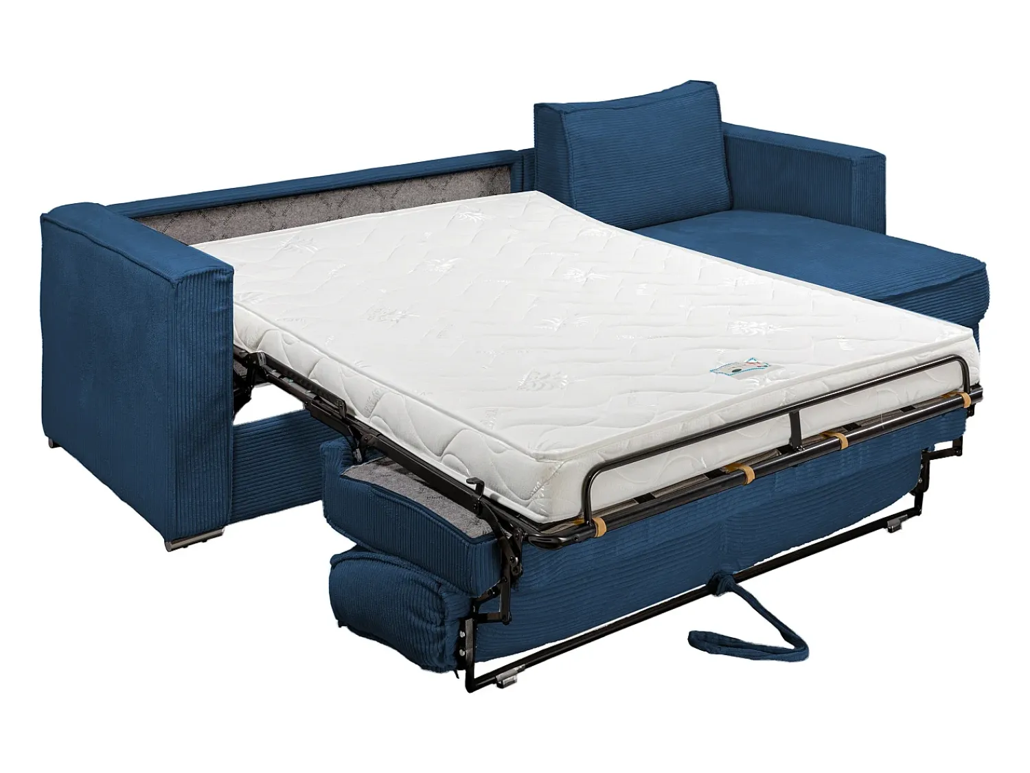 Vente-unique Sofá canto convert. abert. rápida veludo canelado azul-escuro cama 140cm esp. 14 cm LORETO^ Sofá
