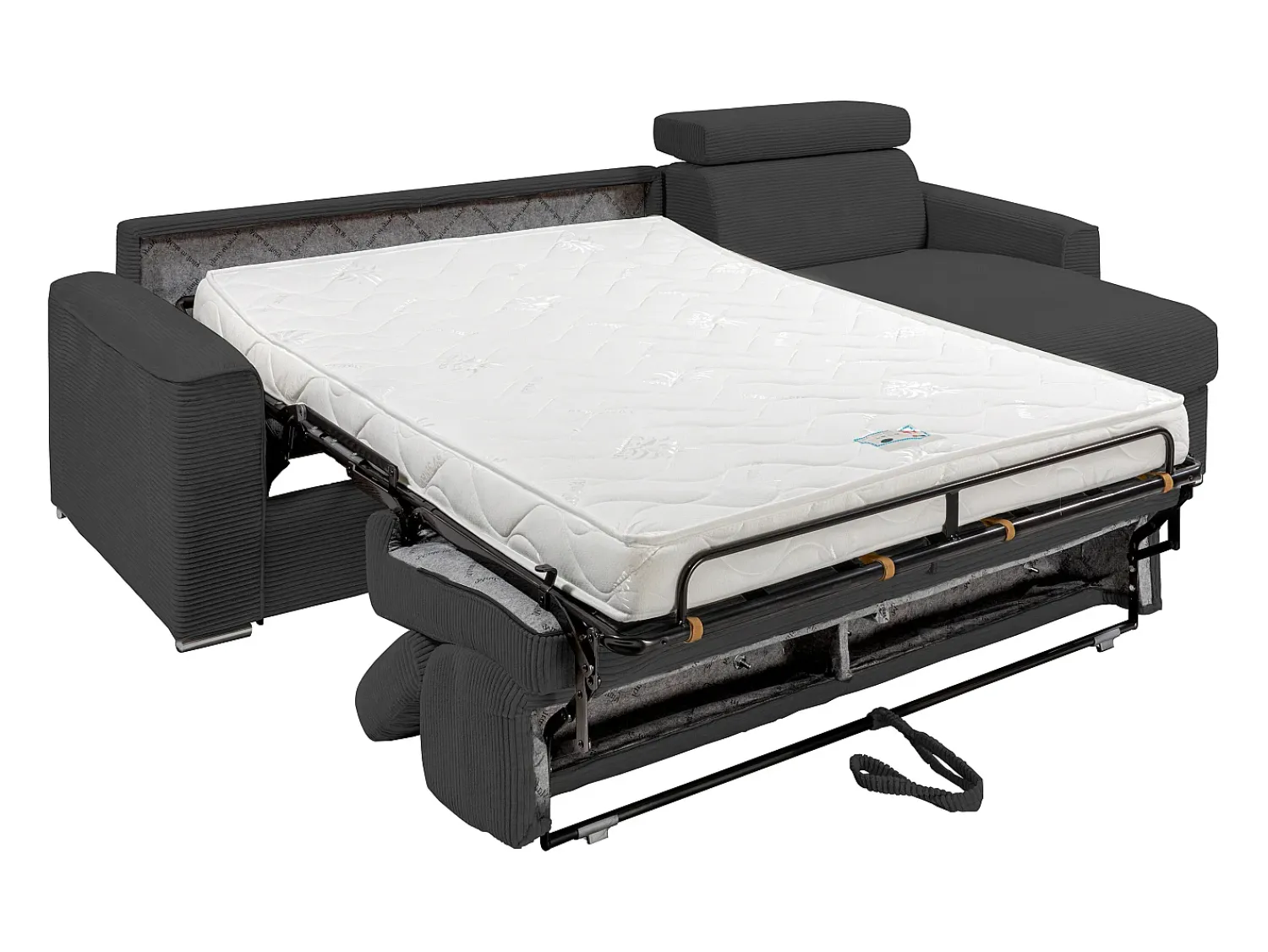 Vente-unique Sofá canto convert. abert. rápida veludo canelado antracite, cama ripas largas 160cm VIZIR^ Sofá