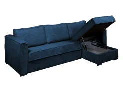 Sofá|Vente-unique Sofá canto convert. abert. rápida veludo canelado azul-escuro cama 140cm esp. 14 cm LORETO Azul escuro