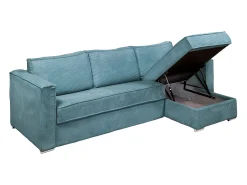Vente-unique Sofá canto convert. abert. rápida veludo canelado azul-turquesa cama 140cm esp.18cm LORETO^ Sofá