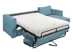 Vente-unique Sofá canto convert. abert. rápida veludo canelado azul-turquesa cama 140cm esp.18cm LORETO^ Sofá