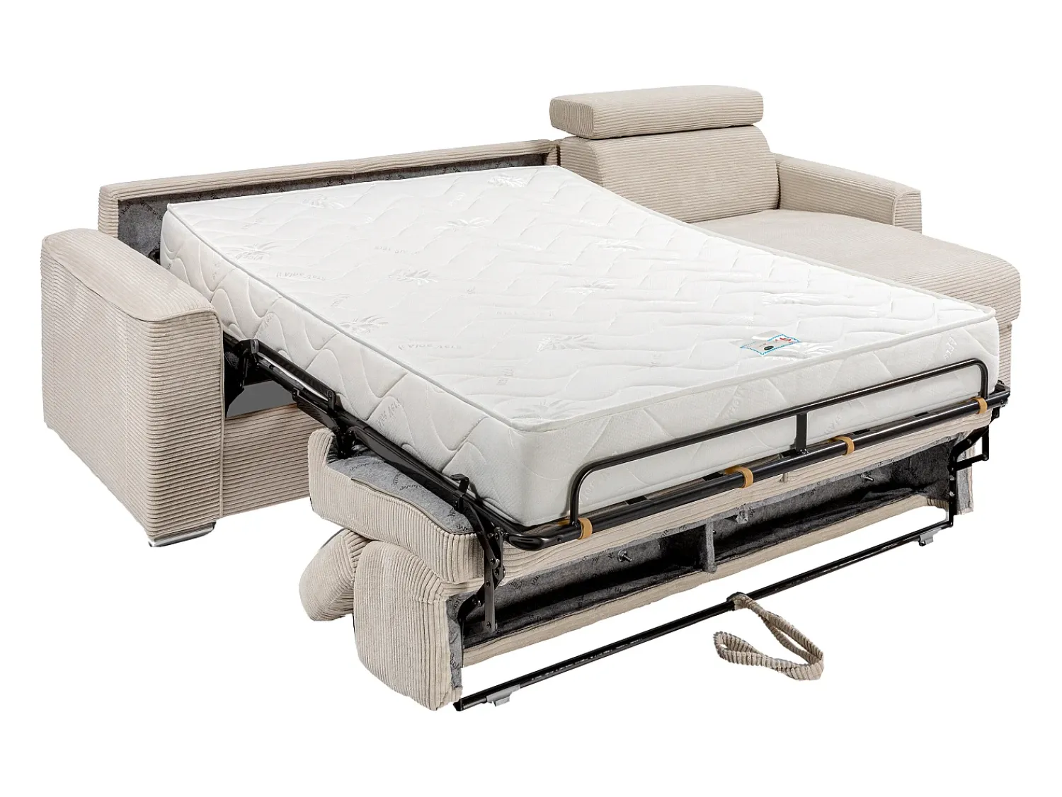 Hot Vente-unique Sofá canto convertível abert. rápida veludo canelado , cama ripas largas 140cm VIZIR Bege