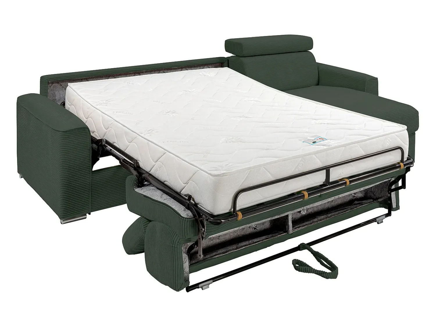 Sofá*Vente-unique Sofá canto convertível abert. rápida veludo canelado , cama ripas largas 140cm VIZIR Verde