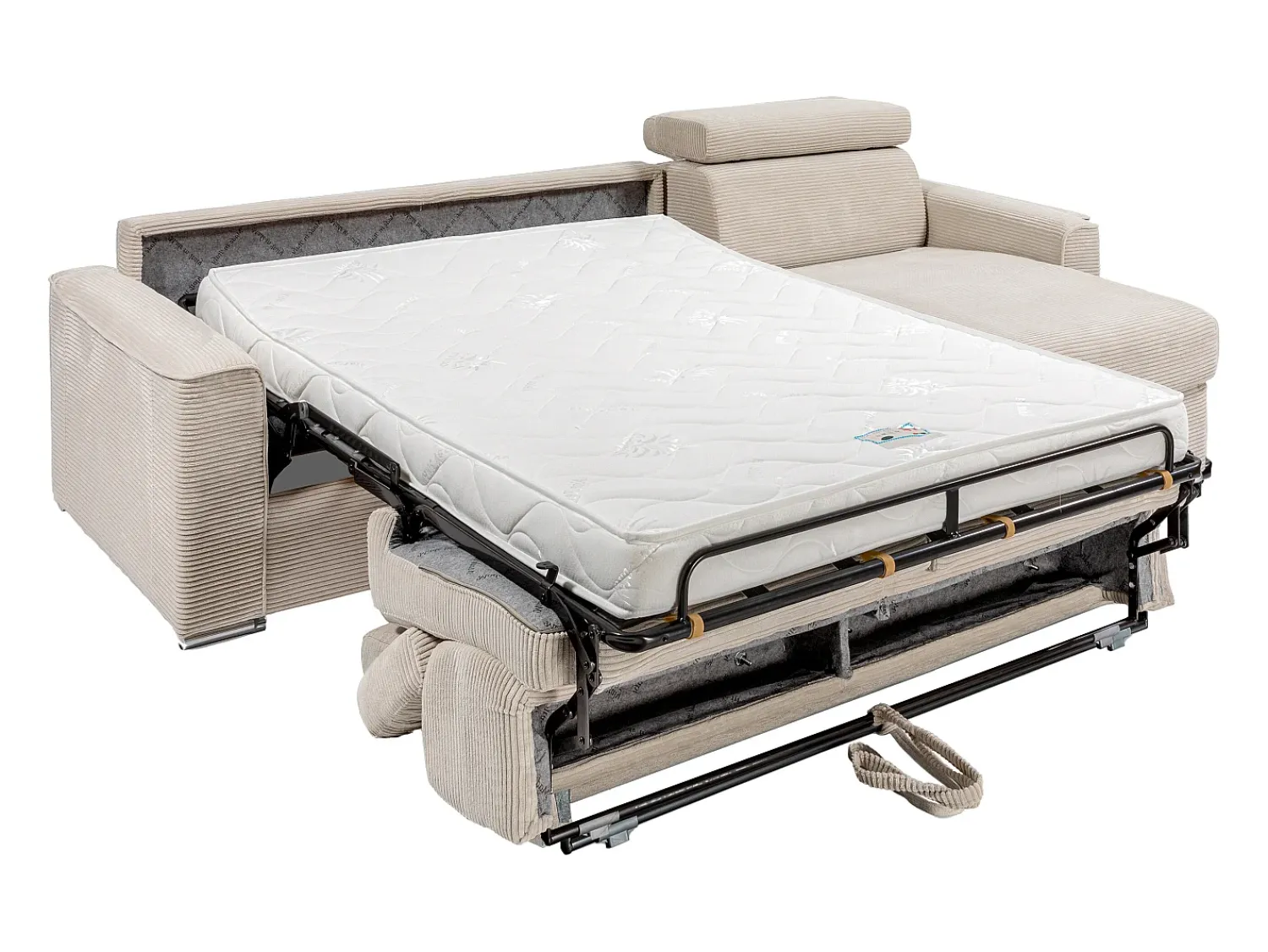 Sofá|Vente-unique Sofá canto convertível abert. rápida veludo canelado , cama ripas largas 140cm VIZIR Bege