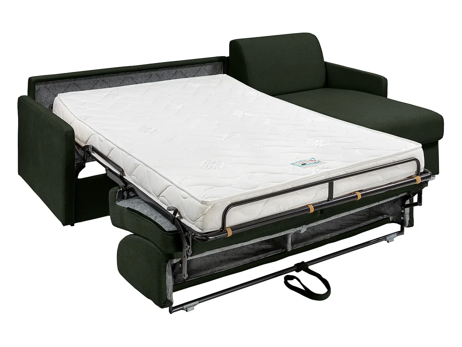 New Vente-unique Sofá canto convertível abert. rápida tecido , cama 160cm e colchão 14cm CALIFE Verde pinho