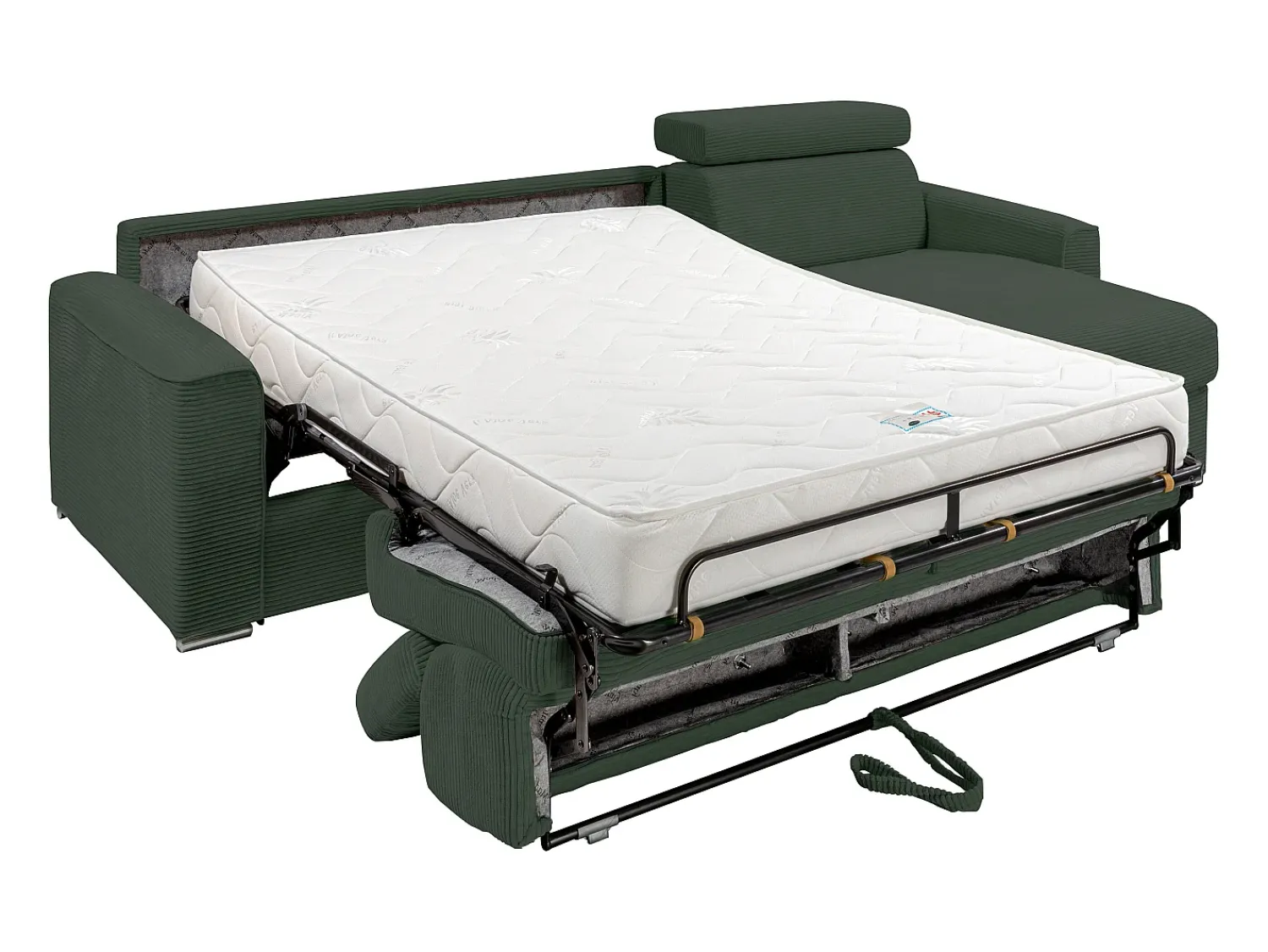 Sofá|Vente-unique Sofá canto convertível abert. rápida veludo canelado , cama ripas largas 140cm VIZIR Verde