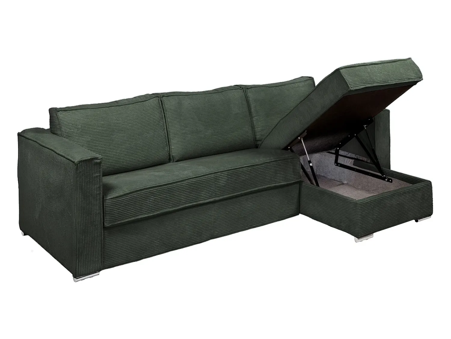 Vente-unique Sofá canto convertível abert. rápida veludo canelado verde cama ripas largas 140cm LORETO^ Sofá