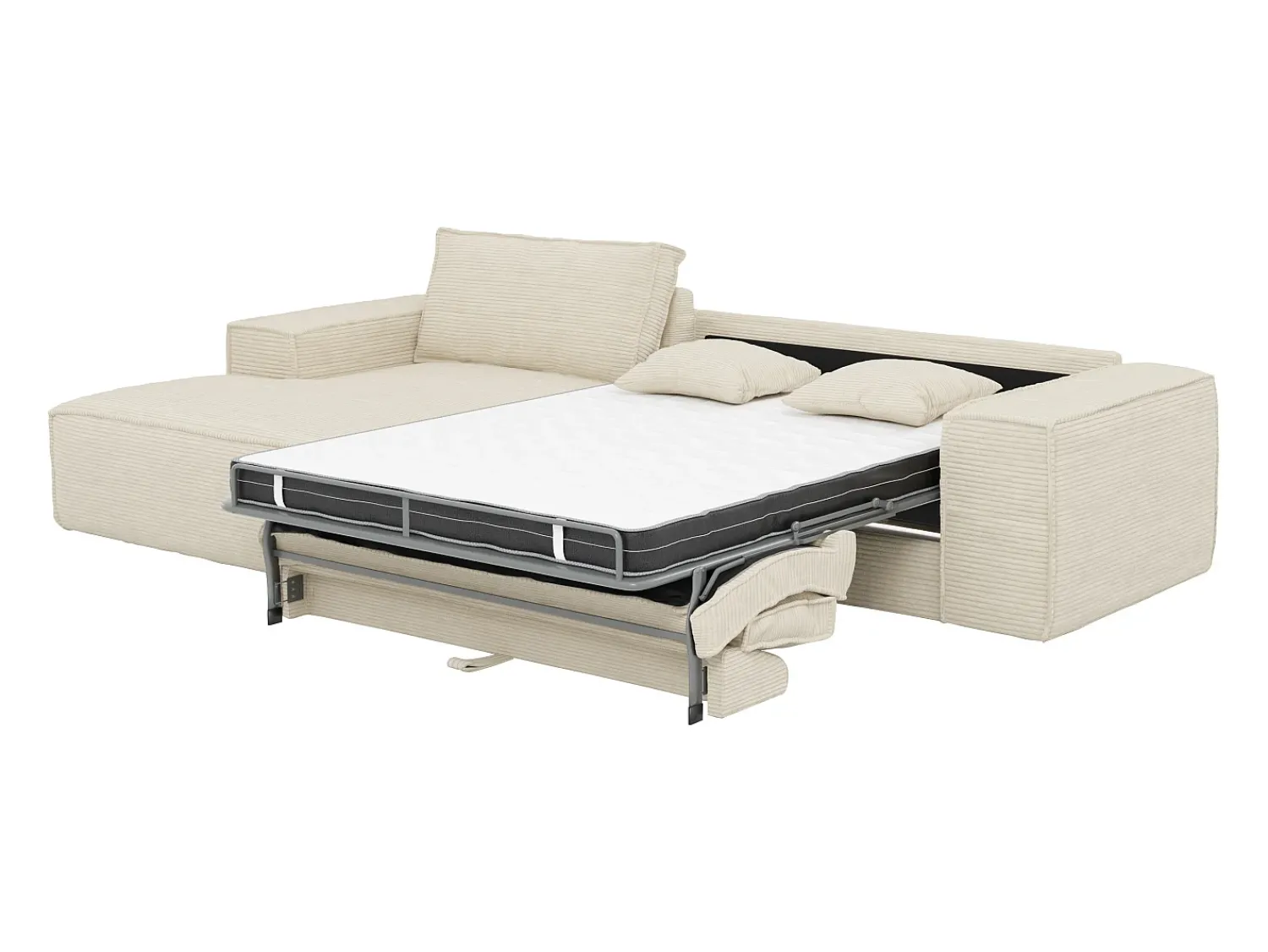 Outlet Vente-unique Sofá canto esquerdo convert. abert. ráp. veludo canelado 130 cm colchão 13 cm memória Bege