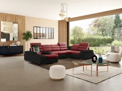 Sofá|Vente-unique Sofá canto esquerdo modular tecido e pele sintética vermelho e preto BOILEAU Preto / Vermelho