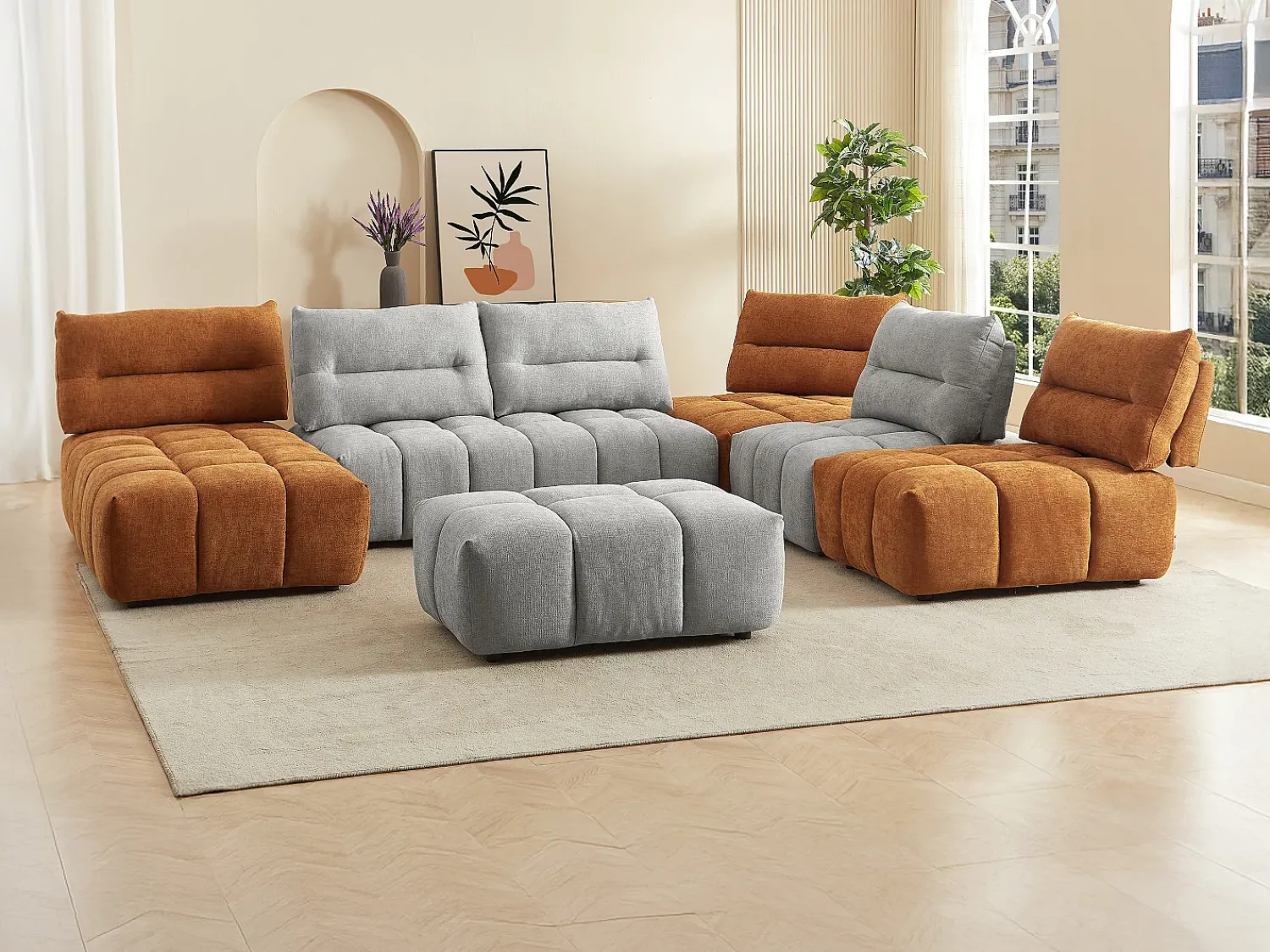 Sofá|Vente-unique Sofá canto panorâmico modular e pufe encosto função avança-recua cinza e terracota APOLIU Cinzento claro / Terracota