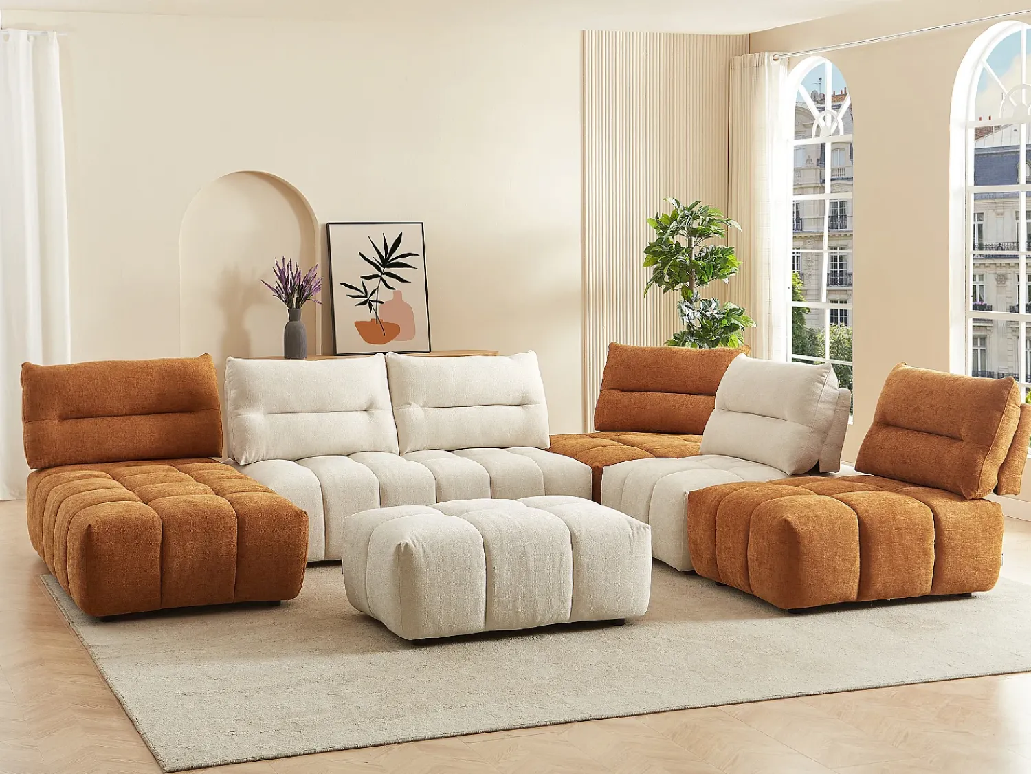 Vente-unique Sofá canto panorâmico modular e pufe encosto função avança-recua bege e terracota APOLIU^ Sofá