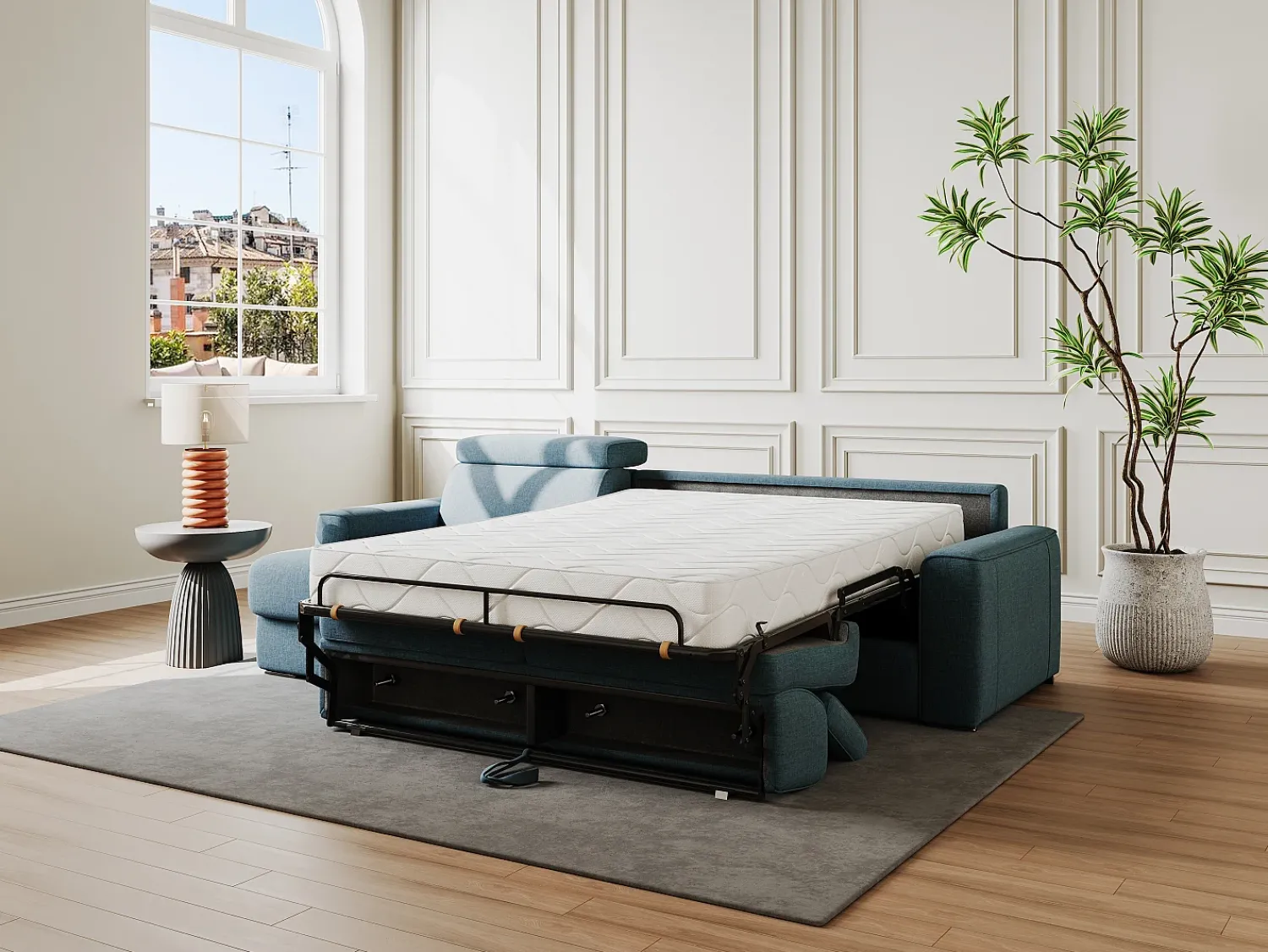Vente-unique Sofá canto reversível convertível abert. rápida tecido bege, cama 160 cm, esp. 14 cm VIZIR^ Sofá