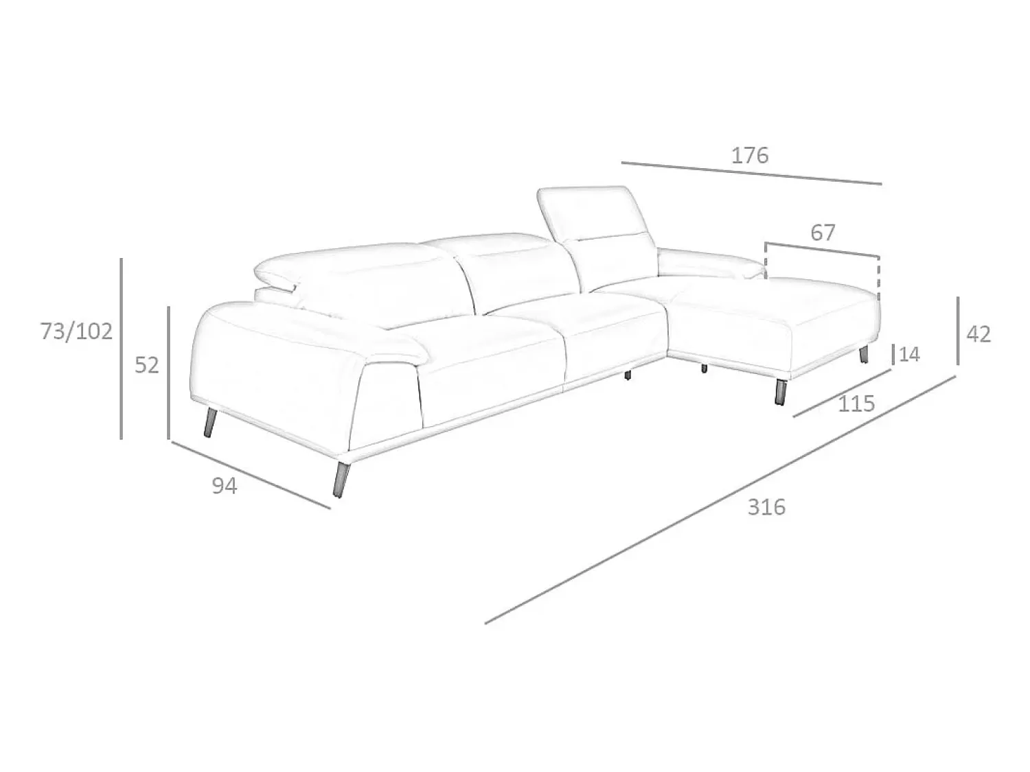 Angel Cerda Sofá chaise longue direito em pele cinzenta taupe 6150^ Sofá