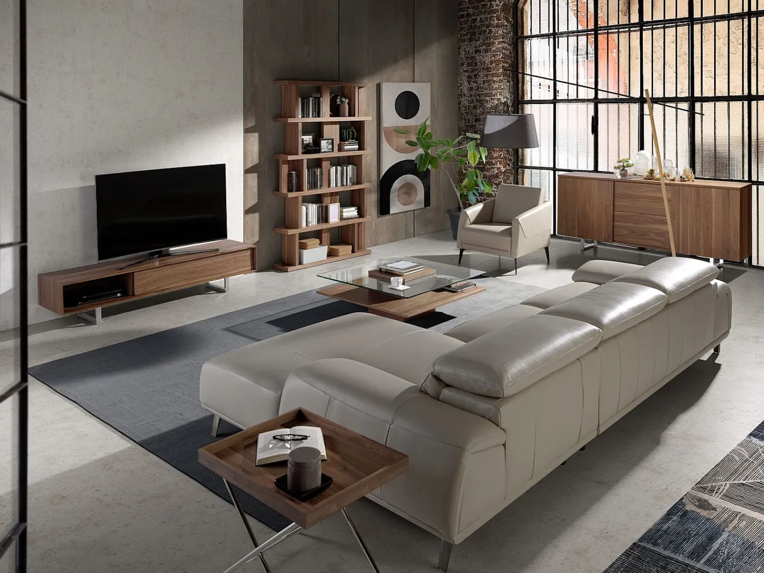 Angel Cerda Sofá chaise longue direito em pele cinzenta taupe 6150^ Sofá