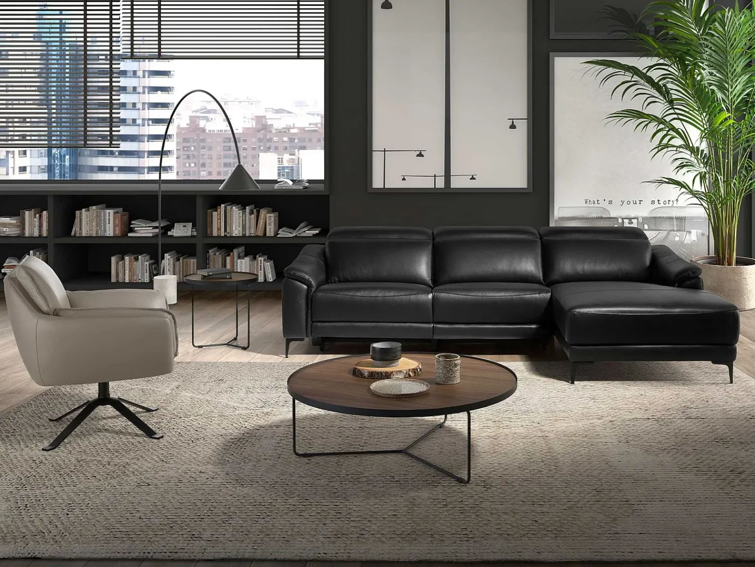 Angel Cerda Sofá chaise longue direito em couro 6205 Preto