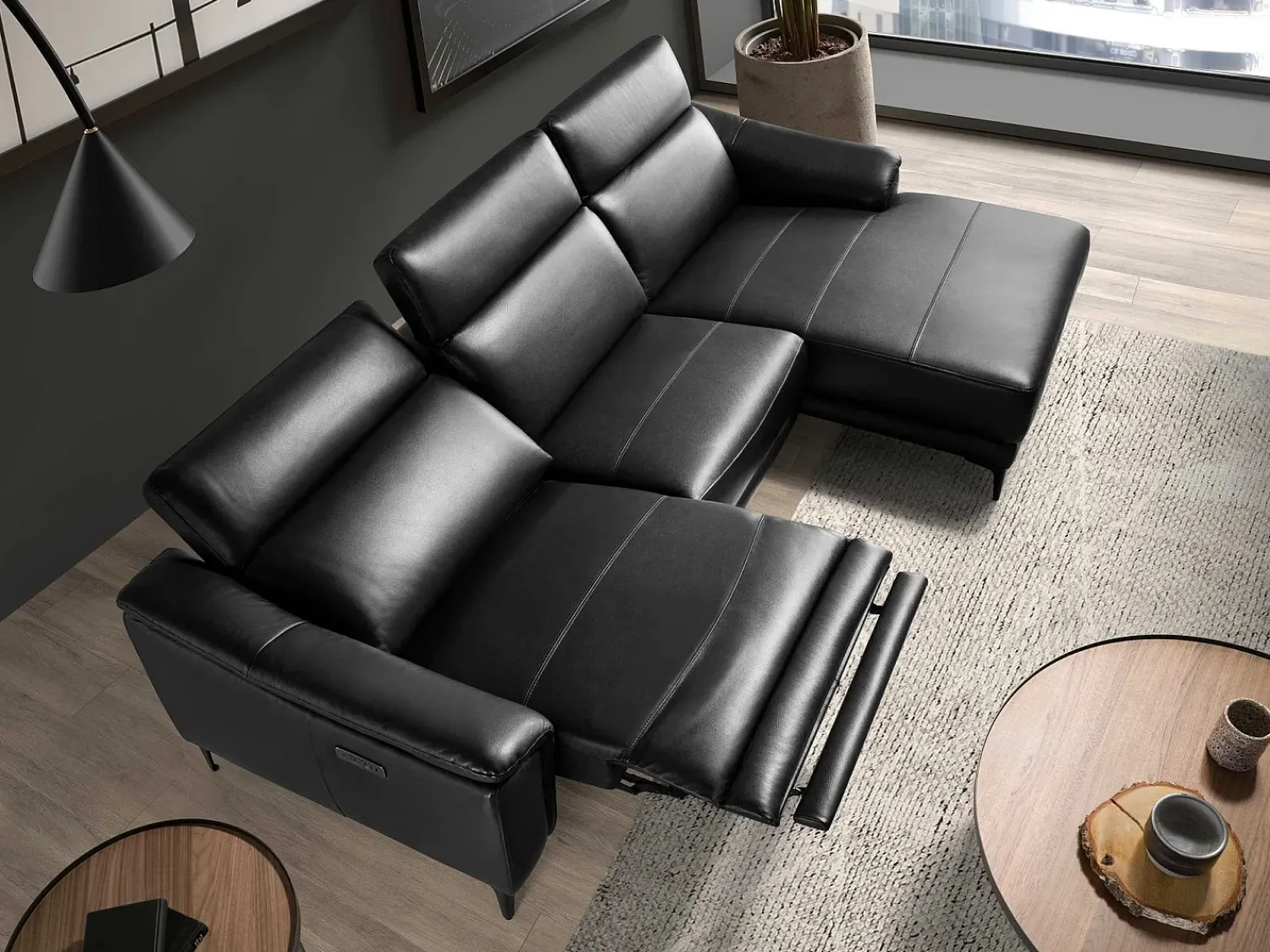 Angel Cerda Sofá chaise longue direito em couro 6205 Preto