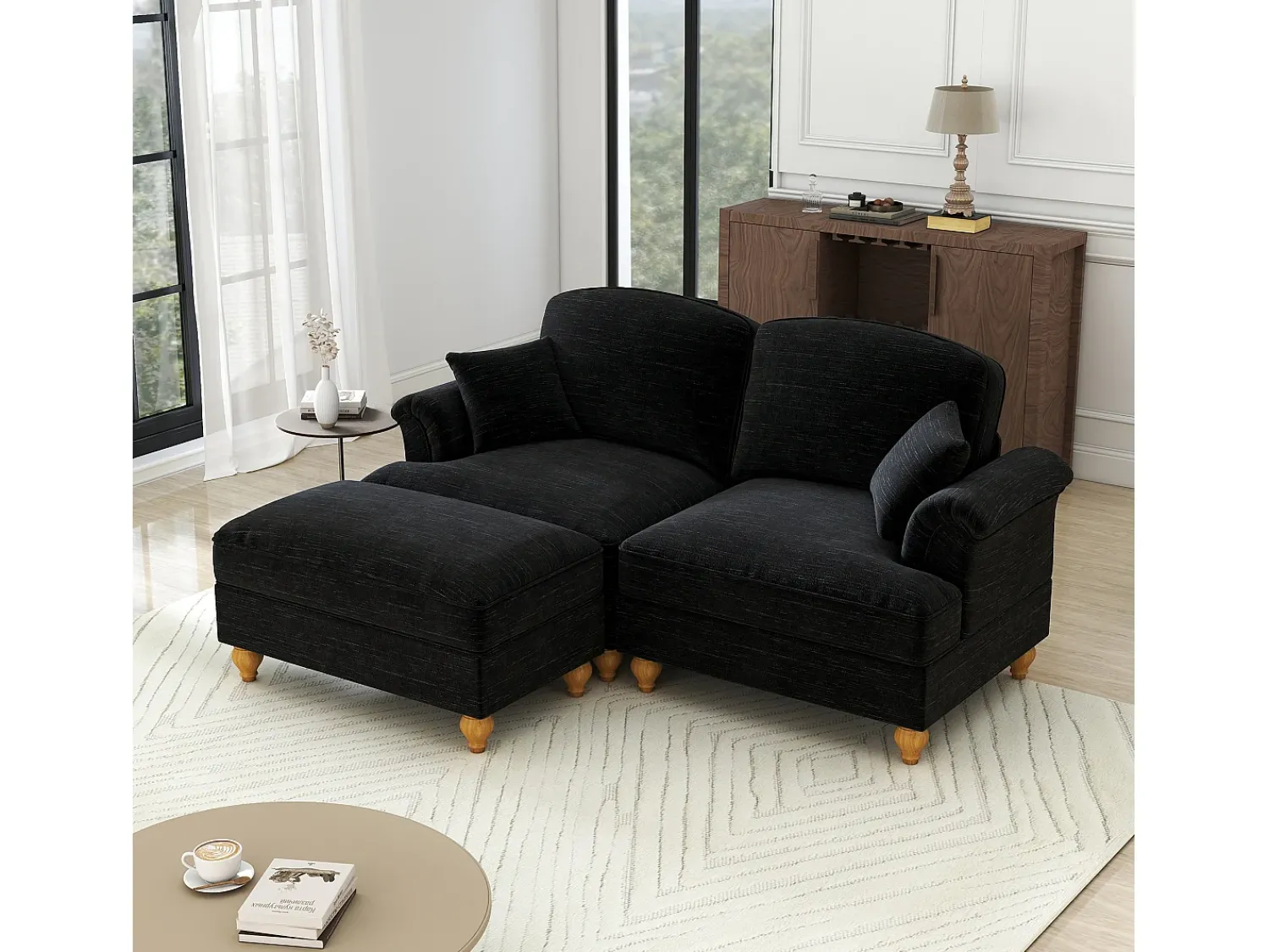 Sofá|DripeX Sofá chesterfield 2 lugares em felpudo - com puff e 2 almofadas - saia removível - 194x140x93cm Preto