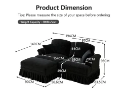 Sofá|DripeX Sofá chesterfield 2 lugares em felpudo - com puff e 2 almofadas - saia removível - 194x140x93cm Preto