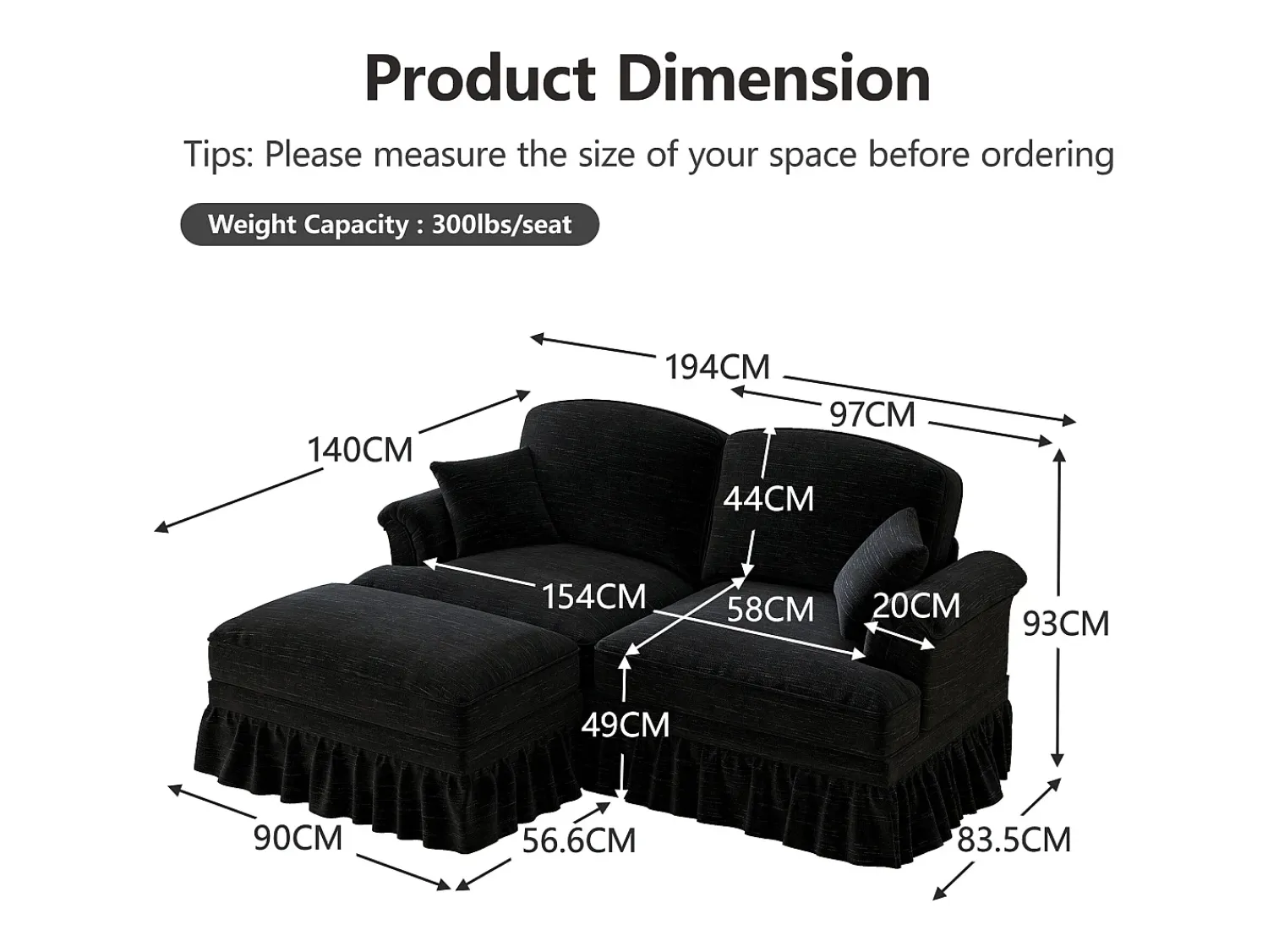 Sofá|DripeX Sofá chesterfield 2 lugares em felpudo - com puff e 2 almofadas - saia removível - 194x140x93cm Preto
