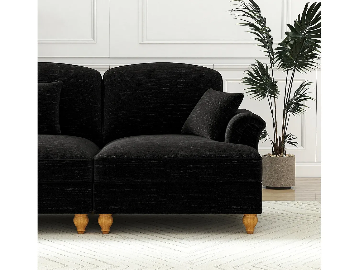 Sofá|DripeX Sofá chesterfield 2 lugares em felpudo - com puff e 2 almofadas - saia removível - 194x140x93cm Preto