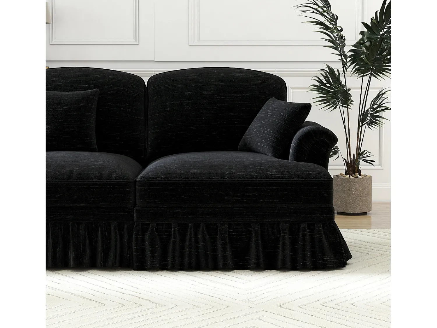 Sofá|DripeX Sofá chesterfield 2 lugares em felpudo - com puff e 2 almofadas - saia removível - 194x140x93cm Preto