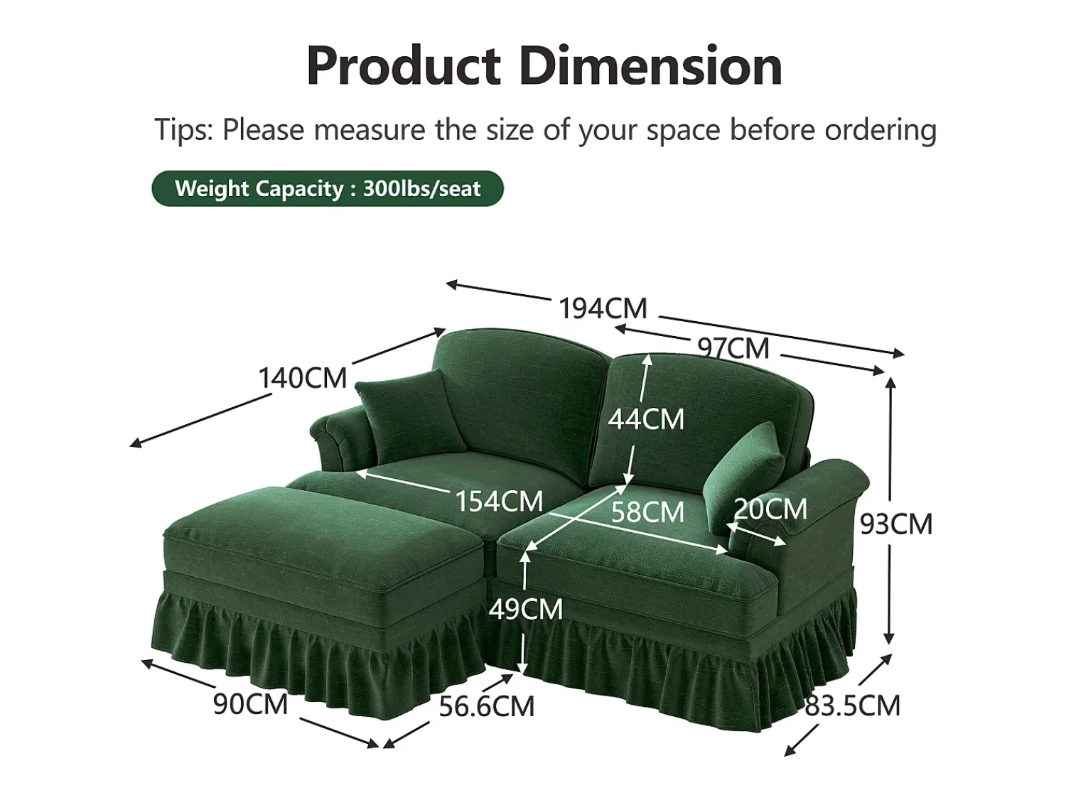DripeX Sofá chesterfield 2 lugares em felpudo - com puff e 2 almofadas - saia removível - 194x140x93cm^ Sofá