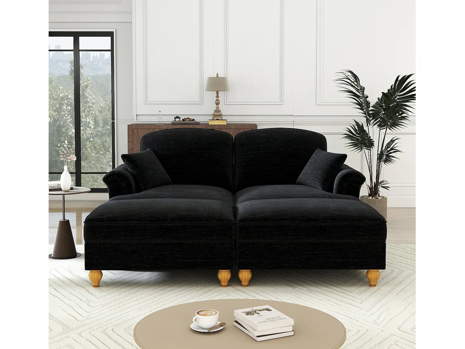 Sofá*DripeX Sofá chesterfield 2 lugares em felpudo - com 2 puffs e 2 almofadas - saia removível - 194x140x93cm Preto