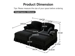 Sofá*DripeX Sofá chesterfield 2 lugares em felpudo - com 2 puffs e 2 almofadas - saia removível - 194x140x93cm Preto