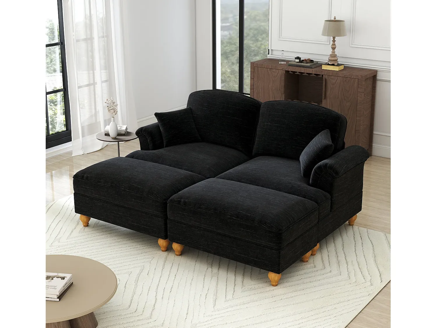 Sofá*DripeX Sofá chesterfield 2 lugares em felpudo - com 2 puffs e 2 almofadas - saia removível - 194x140x93cm Preto