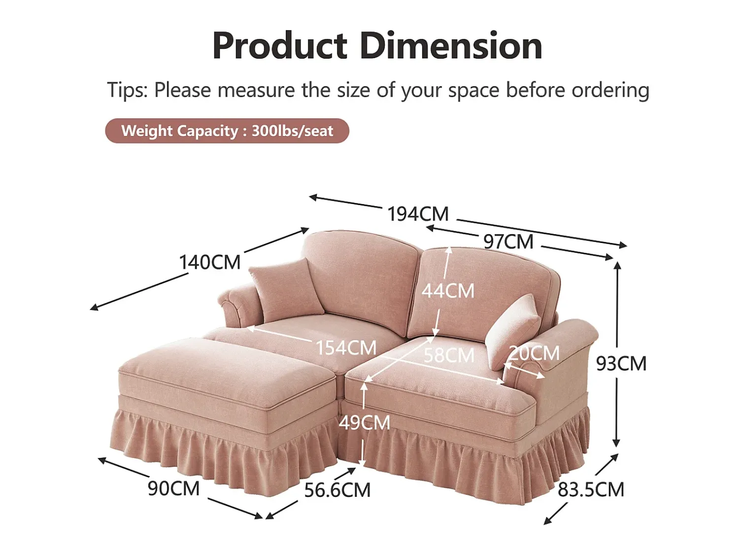 Sale DripeX Sofá chesterfield 2 lugares em felpudo - com puff e 2 almofadas - saia removível - 194x140x93cm Rosa