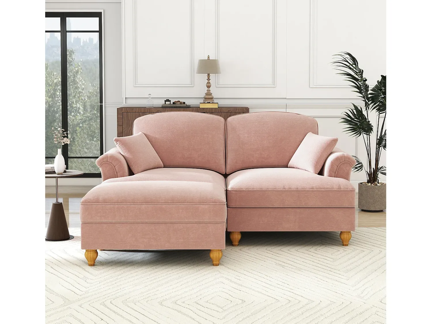 Sale DripeX Sofá chesterfield 2 lugares em felpudo - com puff e 2 almofadas - saia removível - 194x140x93cm Rosa
