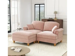 Sale DripeX Sofá chesterfield 2 lugares em felpudo - com puff e 2 almofadas - saia removível - 194x140x93cm Rosa