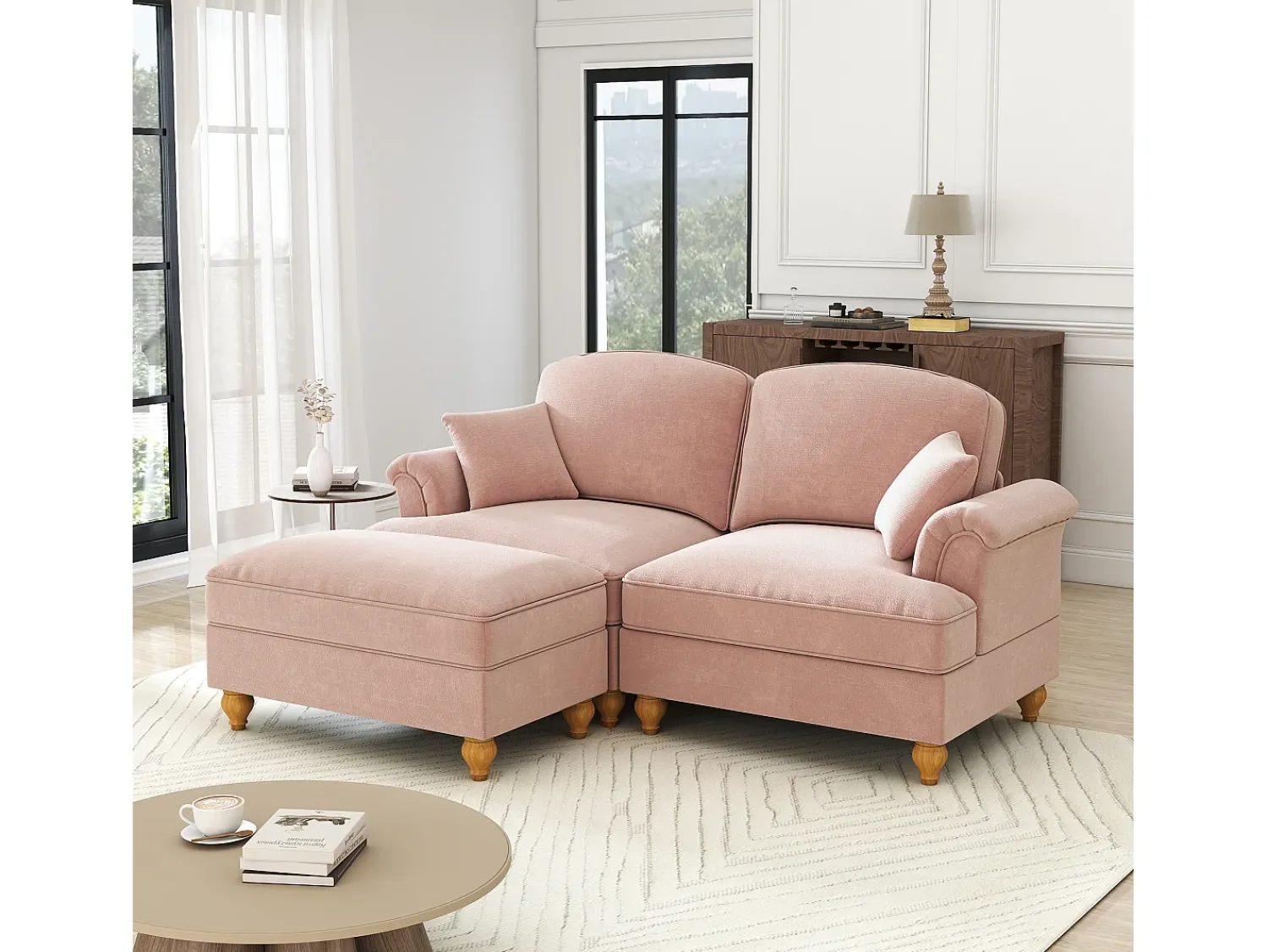 Sale DripeX Sofá chesterfield 2 lugares em felpudo - com puff e 2 almofadas - saia removível - 194x140x93cm Rosa