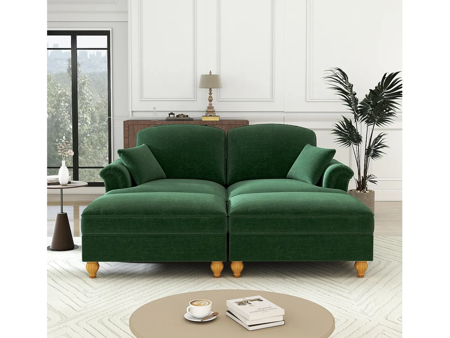 DripeX Sofá chesterfield 2 lugares em felpudo - com 2 puffs e 2 almofadas - saia removível - 194x140x93cm^ Sofá