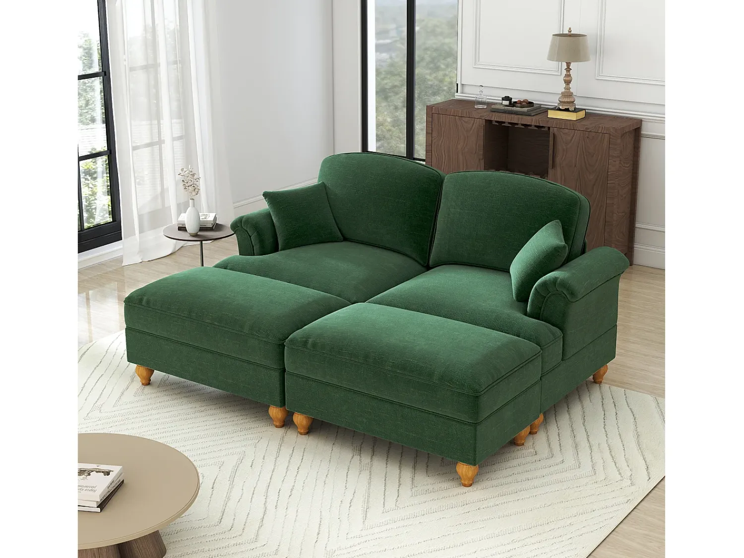 DripeX Sofá chesterfield 2 lugares em felpudo - com 2 puffs e 2 almofadas - saia removível - 194x140x93cm^ Sofá